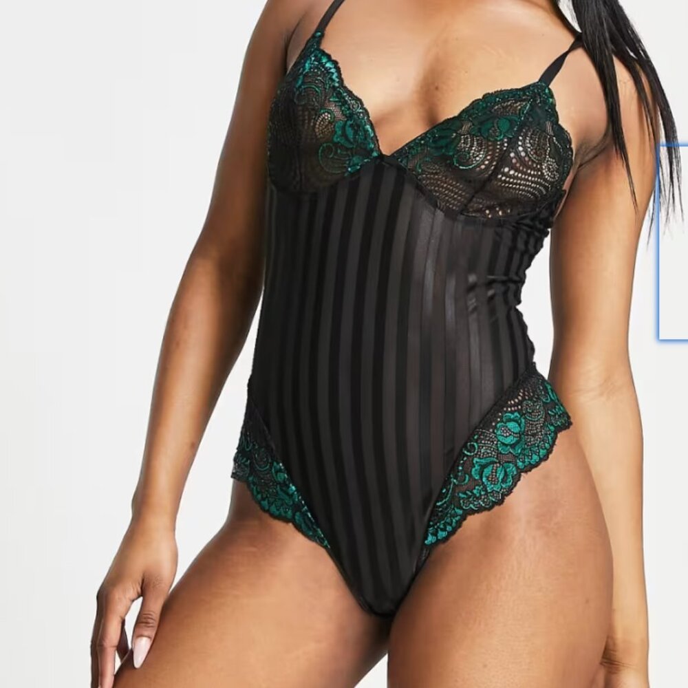 Love & Other Things mesh sexy lingerie bodysuit with lace trim in black size L